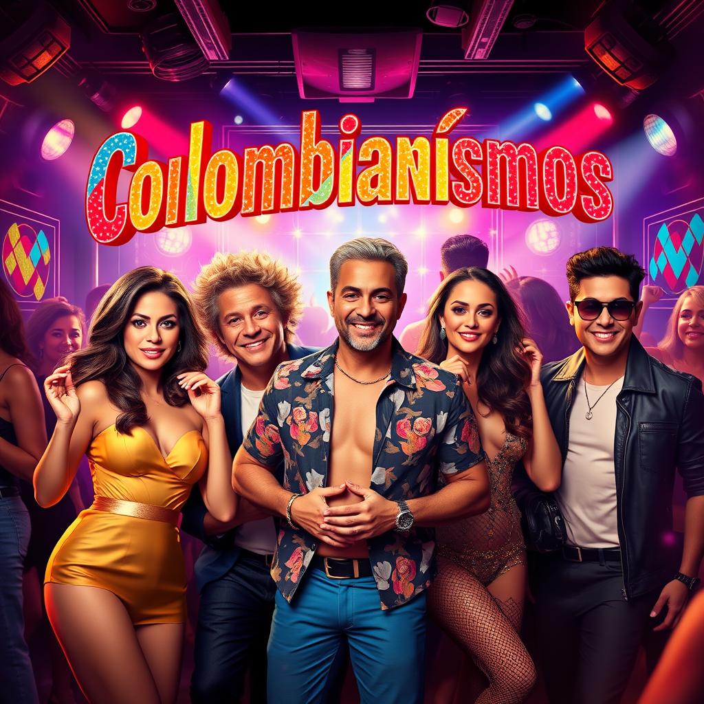 A dazzling movie poster for a Colombian film about a birthday party in a nightclub, featuring renowned Colombian celebrities Sofia Vergara, El Pibe Valderrama, Feid, Karol G, and James Rodriguez