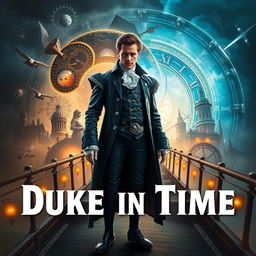 A captivating book cover for "Duke in Time," seamlessly blending elements of action, science fiction, historical fantasy, and time travel