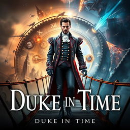 A captivating book cover for "Duke in Time," seamlessly blending elements of action, science fiction, historical fantasy, and time travel