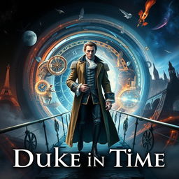 A captivating book cover for "Duke in Time," seamlessly blending elements of action, science fiction, historical fantasy, and time travel