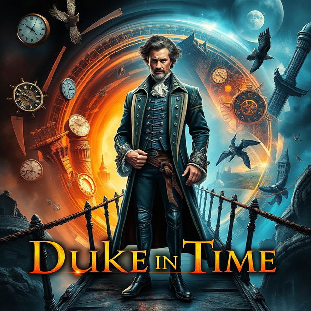 A captivating book cover for "Duke in Time," seamlessly blending elements of action, science fiction, historical fantasy, and time travel