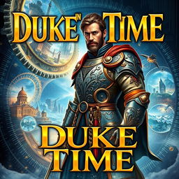 A captivating book cover titled "Duke in Time" featuring elements of action, science fiction, historical fantasy, and time travel