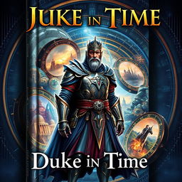 A captivating book cover titled "Duke in Time" featuring elements of action, science fiction, historical fantasy, and time travel