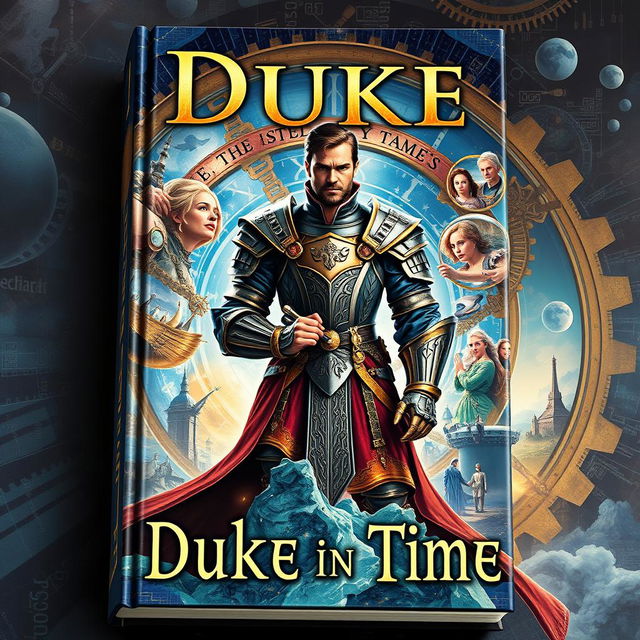 A captivating book cover titled "Duke in Time" featuring elements of action, science fiction, historical fantasy, and time travel