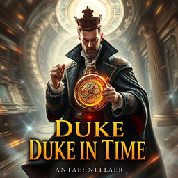 A captivating book cover featuring the concept of 'Duke in Time', blending elements of action, science fiction, historical fantasy, and time travel