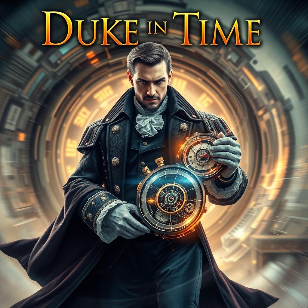 A captivating book cover featuring the concept of 'Duke in Time', blending elements of action, science fiction, historical fantasy, and time travel