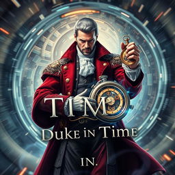 A captivating book cover featuring the concept of 'Duke in Time', blending elements of action, science fiction, historical fantasy, and time travel