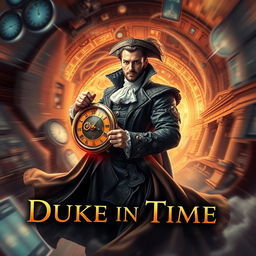 A captivating book cover featuring the concept of 'Duke in Time', blending elements of action, science fiction, historical fantasy, and time travel