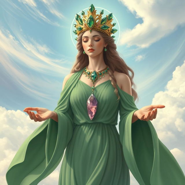 The Goddess of Air is depicted in a captivating and ethereal art style, draped in a flowing green dress that symbolizes harmony with nature