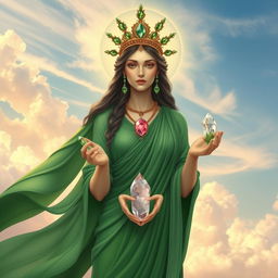 The Goddess of Air is depicted in a captivating and ethereal art style, draped in a flowing green dress that symbolizes harmony with nature