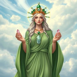 The Goddess of Air is depicted in a captivating and ethereal art style, draped in a flowing green dress that symbolizes harmony with nature