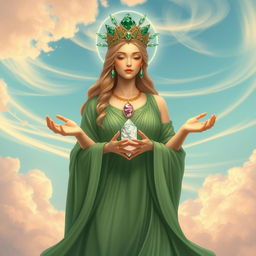 The Goddess of Air is depicted in a captivating and ethereal art style, draped in a flowing green dress that symbolizes harmony with nature