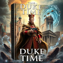 A thrilling book cover titled 'Duke Through Time', combining elements of action, science fiction, historical fantasy, and time travel