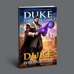 A thrilling book cover titled 'Duke Through Time', combining elements of action, science fiction, historical fantasy, and time travel