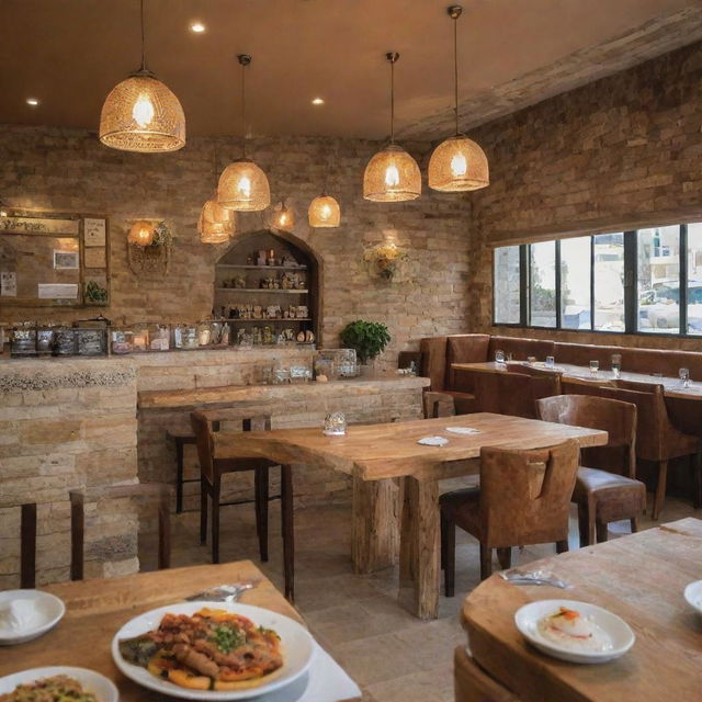 A modern Lebanese restaurant and bakery, oozing authenticity through its vibrant decoration, inviting ambience, and fresh traditional Lebanese delicacies on display.