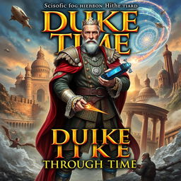 A thrilling book cover titled 'Duke Through Time', combining elements of action, science fiction, historical fantasy, and time travel