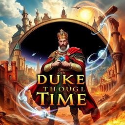 A thrilling book cover titled 'Duke Through Time', combining elements of action, science fiction, historical fantasy, and time travel