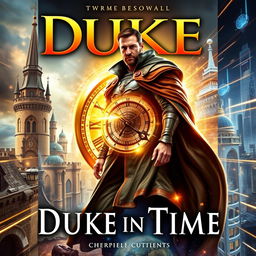 A captivating book cover for "Duke in Time" that blends action, science fiction, historical fantasy, and time travel