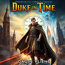 A captivating book cover for "Duke in Time" that blends action, science fiction, historical fantasy, and time travel