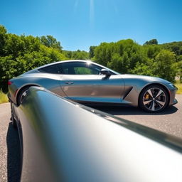 A sleek, shiny car with a modern design, parked in a scenic location