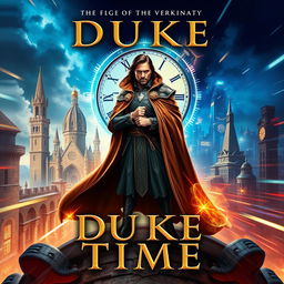 A captivating book cover for "Duke in Time" that blends action, science fiction, historical fantasy, and time travel