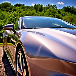 A sleek, shiny car with a modern design, parked in a scenic location