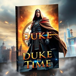 A captivating book cover for "Duke in Time" that blends action, science fiction, historical fantasy, and time travel