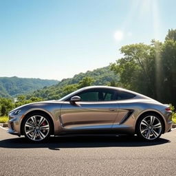 A sleek, shiny car with a modern design, parked in a scenic location