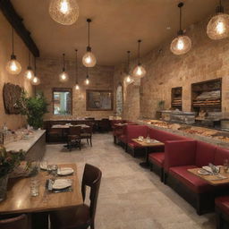 A modern Lebanese restaurant and bakery, oozing authenticity through its vibrant decoration, inviting ambience, and fresh traditional Lebanese delicacies on display.