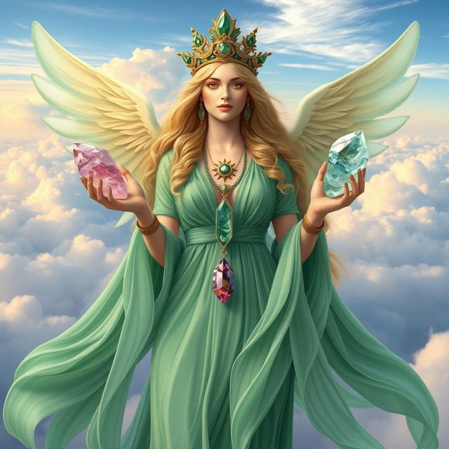 The Goddess of Air is depicted in a captivating and ethereal art style, donning a flowing green dress that symbolizes her connection to nature