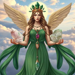 The Goddess of Air is depicted in a captivating and ethereal art style, donning a flowing green dress that symbolizes her connection to nature