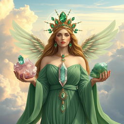 The Goddess of Air is depicted in a captivating and ethereal art style, donning a flowing green dress that symbolizes her connection to nature