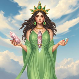 The Goddess of Air is depicted in a captivating and ethereal art style, donning a flowing green dress that symbolizes her connection to nature