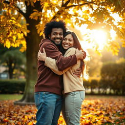 A warm and heartfelt scene depicting two friends embracing in a hug, with the golden sunlight filtering through the leaves of a nearby tree