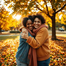 A warm and heartfelt scene depicting two friends embracing in a hug, with the golden sunlight filtering through the leaves of a nearby tree