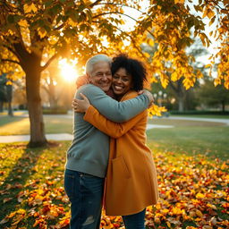 A warm and heartfelt scene depicting two friends embracing in a hug, with the golden sunlight filtering through the leaves of a nearby tree