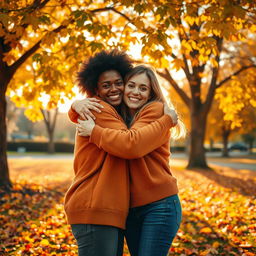 A warm and heartfelt scene depicting two friends embracing in a hug, with the golden sunlight filtering through the leaves of a nearby tree