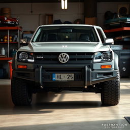 A heavy Volkswagen pickup truck combining the robust and powerful nature of an Amarok with a retro 1980s styling inspired by the Mk2 Golf and the T3 van