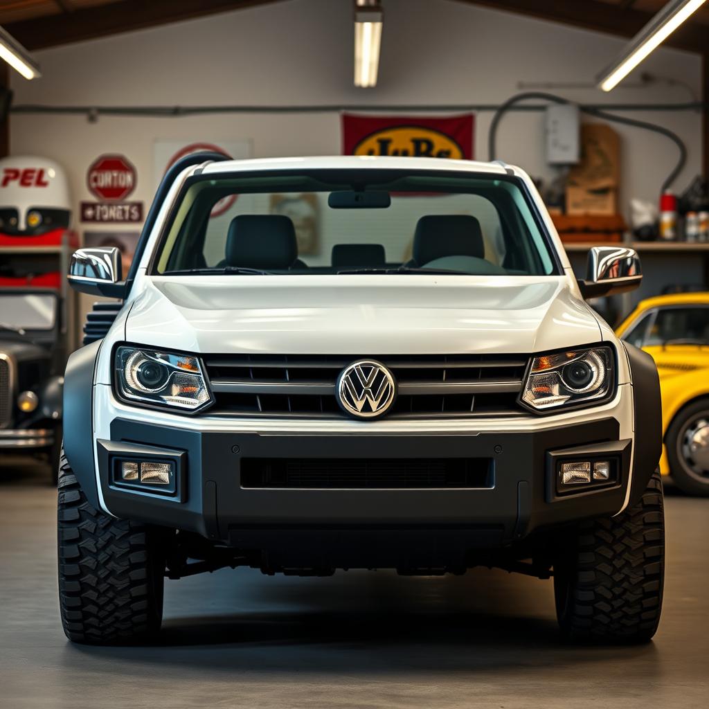 A heavy Volkswagen pickup truck combining the robust and powerful nature of an Amarok with a retro 1980s styling inspired by the Mk2 Golf and the T3 van