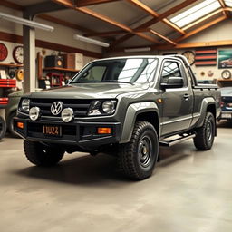 A heavy Volkswagen pickup truck combining the robust and powerful nature of an Amarok with a retro 1980s styling inspired by the Mk2 Golf and the T3 van