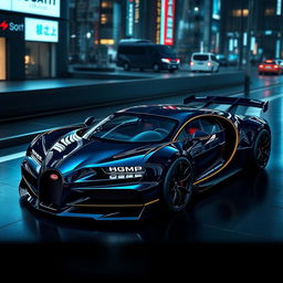 A futuristic concept design of a Bugatti widebody sports car