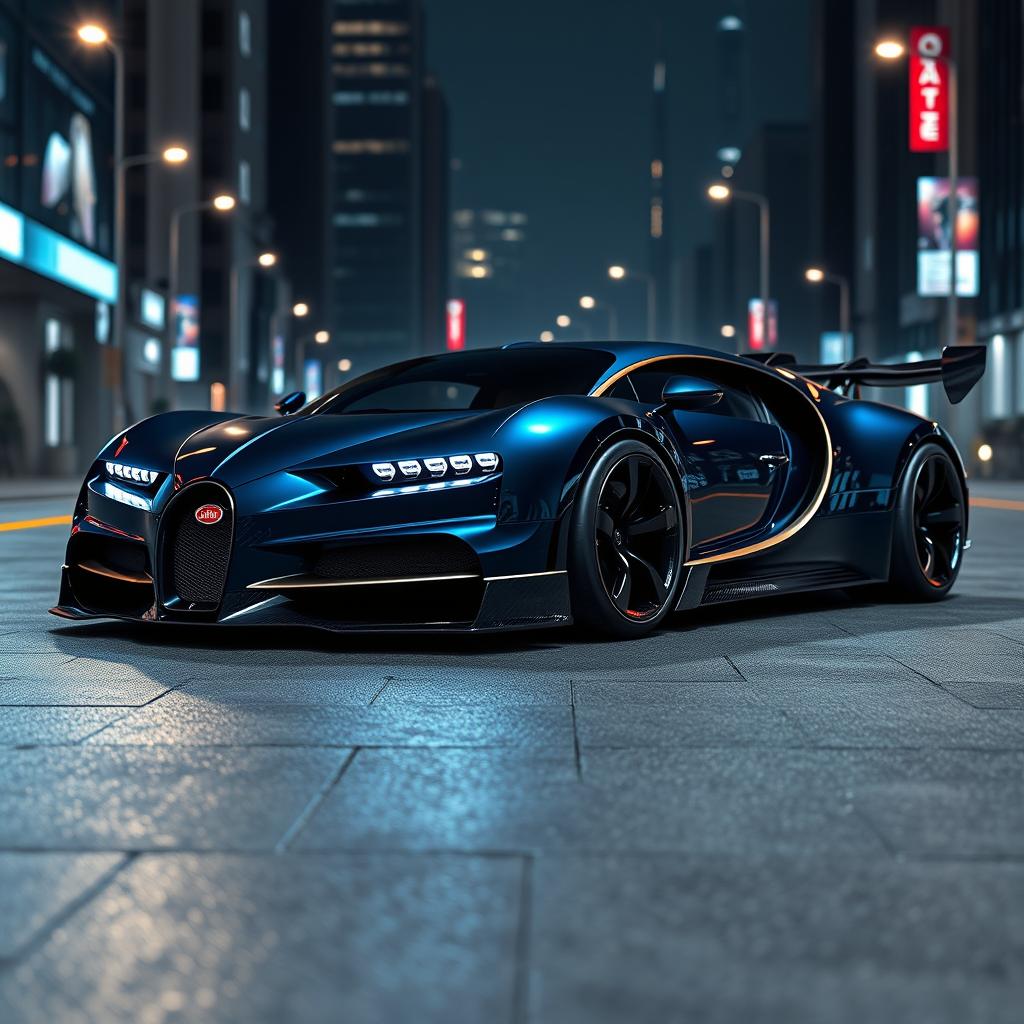 A futuristic concept design of a Bugatti widebody sports car