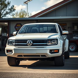 A Volkswagen pickup truck with a heavy-duty essence, inspired by the robust Amarok, designed with the 1980s Volkswagen aesthetic of a Mk2 Golf and a T3 van