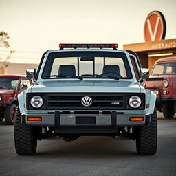 A Volkswagen pickup truck with a heavy-duty essence, inspired by the robust Amarok, designed with the 1980s Volkswagen aesthetic of a Mk2 Golf and a T3 van