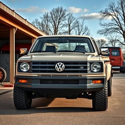 A Volkswagen pickup truck with a heavy-duty essence, inspired by the robust Amarok, designed with the 1980s Volkswagen aesthetic of a Mk2 Golf and a T3 van