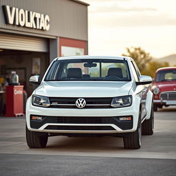 A Volkswagen pickup truck with a heavy-duty essence, inspired by the robust Amarok, designed with the 1980s Volkswagen aesthetic of a Mk2 Golf and a T3 van