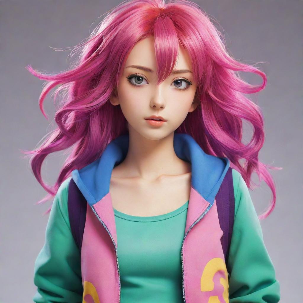 Anime female character with vibrant hair, expressive eyes and wearing a trendy outfit from a modern fantasy world.