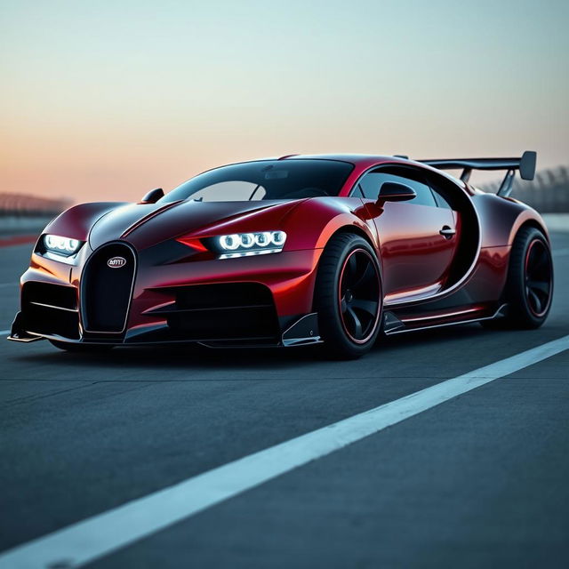 An imposing Bugatti sports car outfitted with a custom body kit, featuring oversized tires and a robust, aerodynamic spoiler