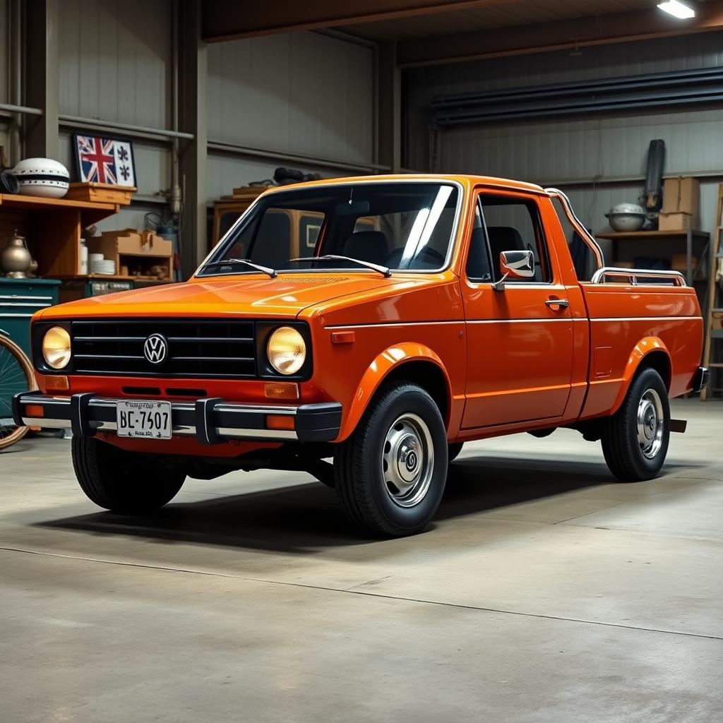 A Volkswagen pickup truck exuding the robust, substantial feel of a classic vehicle, designed with the appearance of a Mk2 Golf and a T3 van