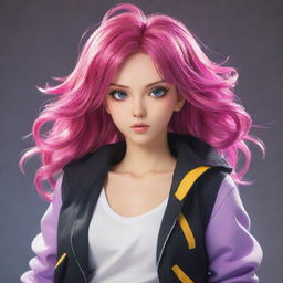 Anime female character with vibrant hair, expressive eyes and wearing a trendy outfit from a modern fantasy world.